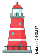 Lighthouse icon isolated at white, navigation building for ships, cartoon vector red lighthouse, beacon s tower with balcony, windows and spire, high building, watchtower, maritime concept, isolated. Lighthouse icon isolated at white, navigation building for ships, cartoon vector red lighthouse. Стоковая иллюстрация, агентство Ingram Publishing / Фотобанк Лори