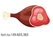 A piece of meat on bone. Beef slice delicious food. Protein source. Lean red meat, veal icon in flat style isolated on white background illustration. Useful products when breastfeeding a child. A piece of lean red meat on the bone. A juicy piece of meat. A source of protein. Flat illistration. Стоковая иллюстрация, агентство Ingram Publishing / Фотобанк Лори