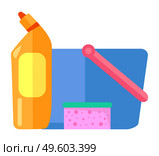 Plastic blue bucket, bottle with toilet cleaner, sponge. Equipment or tools for cleaning, washing. House, office or hotel cleaning service. Housekeeping concept. Isolated cartoon vector icons. Plastic blue bucket, bottle with toilet cleaner, sponge, equipment or tools for cleaning, washing. Стоковая иллюстрация, агентство Ingram Publishing / Фотобанк Лори
