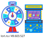 Pixel game and fortune wheel symbol, monitor with pixelated characters and roulette with pointer in blue color. Win prize in casino machine, gambling equipment, lottery entertainment, risk vector. Fortune Wheel, Pixel Game, Casino Logo Vector. Стоковая иллюстрация, агентство Ingram Publishing / Фотобанк Лори