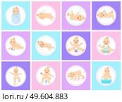 Cartoon set with cute little babies in diaper. Happy toddler plays with toy, birthday of baby, child learning to walk, baby smiling, child sits on potty, toddler crawling on the floor. Little kid. Cartoon Set with Cute Little Babies in Diaper. Стоковая иллюстрация, агентство Ingram Publishing / Фотобанк Лори