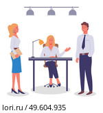 Office staff, work and communication. Head and subordinates. Lady boss sits at desk, lamp, chair. Girl with folder in strict suit. Man standing with hand in pocket. Co-workers isolated on white. Office staff, employees of different levels. Employees, boss, subordinates. Guy and girl standing. Стоковая иллюстрация, агентство Ingram Publishing / Фотобанк Лори