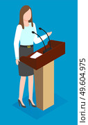 Isometric image of a woman speaker at the podium with microwaves. Conference, business presentation, trade summit. Young girl makes a business report in front of an audience. Flat image on blue. Business woman makes a report in front of an audience. Trade international conference. Flat image. Стоковая иллюстрация, агентство Ingram Publishing / Фотобанк Лори