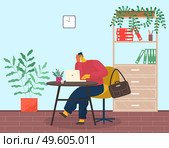 Young pensive man in glasses and red sweater sits, propping face on hand. Yellow armchair, coffee table, laptop, plant, candle. Office cabinet, folders, stationery, climbing plant. Tired man at laptop. Tired or pensive man sits at laptop, briefcase hangs on armchair. Office room with potted plants. Стоковая иллюстрация, агентство Ingram Publishing / Фотобанк Лори