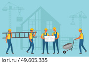Builders carrying stairs and wheelbarrow, contactors men discussing project. Construction workers in helmet and work clothes, build and crane vector. Contactor and Builder, Construction Zone Vector. Стоковая иллюстрация, агентство Ingram Publishing / Фотобанк Лори