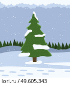 Winter nature landscape with fir-trees and falling snow, spruce forest on the horizon behind a snowy hill. Lonely green conifer tree in the foreground, frosty day in a pine forest vector background. Winter landscape with fir trees and falling snow, spruce forest on the horizon behind a snowy hill. Стоковая иллюстрация, агентство Ingram Publishing / Фотобанк Лори