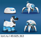 Set of futuristic research cyborgs and robots with artificial intelligence. Dark blue background with shadow. High tech artificial intelligence cyber smart robot. Hitech machinery robot. Flat image. Set of smart scifi androids with artificial intelligence. Scientific technological test robots. Стоковая иллюстрация, агентство Ingram Publishing / Фотобанк Лори
