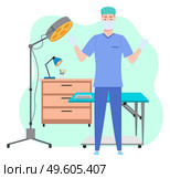 Male surgeon or veterinarian in uniform and mask standing with arms up near sectional table, floor-mounted operational light. Table lamp and medical instrument on cupboard. Green shapeless background. Man surgeon holds his hands up, stands near examination table and floor-mounted operational light. Стоковая иллюстрация, агентство Ingram Publishing / Фотобанк Лори