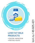 Milk low fat products set vector. Fresh organic dairy product. Milk in a tall cardboard box, yogurt in a plastic glass, a piece of hard cheese. Information banner about the content of nutrients. Milk low fat products set vector illustration. Fresh organic dairy product in flat vector style. Стоковая иллюстрация, агентство Ingram Publishing / Фотобанк Лори