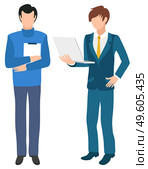 Man with clipboard and executive worker with notebook isolated cartoon characters. Vector business education concept, experienced guys discuss financial problems. Man with Clipboard Executive Worker with Notebook. Стоковая иллюстрация, агентство Ingram Publishing / Фотобанк Лори