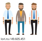Set of businessmen images. Guy in black trousers, white shirt, blue tie, watch, dark-haired man in sweater and bow tie on neck, brown-haired man gets trousers, red suspenders, blue shirt. Stylish men. Set of businessmen images. Men in modern clothes and stylish haircuts standing and smiling. Стоковая иллюстрация, агентство Ingram Publishing / Фотобанк Лори