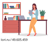 Confident young businesswoman in yellow trousers leaned on the desktop, tablet in hands, laptop on the table, bookcase, books, documents, folders. Work office space. Pot flower. Flat vector image. Young woman in office, with tablet in hand, work desk, laptop, office space. Flat vector on white. Стоковая иллюстрация, агентство Ingram Publishing / Фотобанк Лори