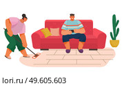 Young woman housewife cleaning the floor with a mop, smiling man sitting contented on the couch serfing internet on phone, people activity, daily routine vector Illustration on a white background.. Young woman housewife cleaning the floor with a mop, smiling man sitting contented on the couch. Стоковая иллюстрация, агентство Ingram Publishing / Фотобанк Лори