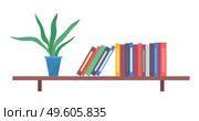 Brown plastic or wooden shelf, multi-colored stack folders, documents, blue pot, green potted flower or succulent. Folders and flower on office shelf. Decorating the office. Books, documents holder. Green potted flower, shelf with colored folders, documents. Keep folders on shelf. Office furniture. Стоковая иллюстрация, агентство Ingram Publishing / Фотобанк Лори