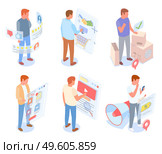 Set of male characters making selection of goods in online store. Way from seller to customer, build consumer demand. Customer engagement. Swipe pages. Megaphone, shopping, parcels, marketing trick. Set of male characters involved in online shopping. Way from seller to customer, customer journey. Стоковая иллюстрация, агентство Ingram Publishing / Фотобанк Лори