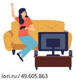 Happy woman winner with joystick in hand, playing video game at tv screen, relaxing playing games at home sitting at sofa. Indoors activity, hobby, recreation. Leisure time at home, isolated character. Happy woman winner with joystick in hand, palying video game at tv screen, relaxing playing games. Стоковая иллюстрация, агентство Ingram Publishing / Фотобанк Лори