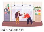 Conclude contrack. Bearded red-haired man in glasses, suit stands and holds his arm up. Young man in sweater leaned over table and signs document. Business meeting, signing agreement. Modern office. Business partners sign contract. Man in glasses smiles, young male leaned over table. Modern office. Стоковая иллюстрация, агентство Ingram Publishing / Фотобанк Лори