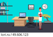 Young slim beautiful smiling business lady, secretary or high-level manager in white strom dress, high heels, with red folder. Office modern office with equipment laptop, comfortable swivel chair. Businesswoman or top manager stands in the modern office. Young fashionable dressed female. Стоковая иллюстрация, агентство Ingram Publishing / Фотобанк Лори