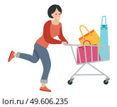 Woman with bags for purchases in the shopping cart. Young beautiful fashion shopper girl isolated on white background. Sale advertising. Female character running after the vehicle in the store. Woman with bags for purchases in the shopping cart. Young shopper girl isolated on white background. Стоковая иллюстрация, агентство Ingram Publishing / Фотобанк Лори