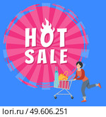 Woman with bags for purchases in the shopping cart. Promotion of sales and discounts in the shop. A girl with packages in her hands is rushing to the store for shopping. Sale advertising on background. Promotion of sales and discounts. Woman with bags for purchases in the shopping cart rushing to shop. Стоковая иллюстрация, агентство Ingram Publishing / Фотобанк Лори