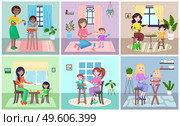 Young mother siting at home with a child, takes care of a small baby, feeding him. Self isolation, stay at home concept. Woman sitting at home with her child. Motherhood and parenting, health care. Mother feeding her baby. Self isolation, stay at home concept. Woman sitting at home with her child. Стоковая иллюстрация, агентство Ingram Publishing / Фотобанк Лори