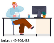 Yuong businessman experiencing stress at work because of the deadline and office chaos. Man sitting at a table with computer, holding paper document, character surprised opened his mouth and eyes wide. Yuong businessman experiencing stress at work because of the deadline and office chaos illustration. Стоковая иллюстрация, агентство Ingram Publishing / Фотобанк Лори