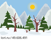 Winter nature landscape with fir-trees and bright sun, spruce forest on the horizon behind a snowy hill. Green conifer trees in the foreground, frosty day in a pine forest vector background. Winter nature landscape with fir-trees, bright sun, spruce forest on the horizon behind a snowy hill. Стоковая иллюстрация, агентство Ingram Publishing / Фотобанк Лори