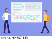 Businessmen working on new business plan vector, man showing infochart with growing flowchart. Startup explanation on whiteboard, meeting conference. Business Plan and Strategy Planning Businessmen. Стоковая иллюстрация, агентство Ingram Publishing / Фотобанк Лори