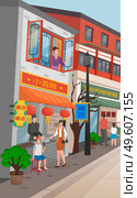 China city street. Happy woman looking at window. Mother buy street food for son in local street food cafe. People walking at street. Chinese decorations, lanterns, signs, hieroglyph. Shop, tavern. China city street, happy woman looking at window, mother buy street food for son in street food cafe. Стоковая иллюстрация, агентство Ingram Publishing / Фотобанк Лори