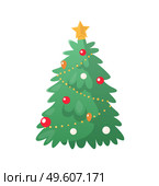 Christmas-tree decoration with colorful balls and star with gold chaplet. Single fir-tree in flat style isolated on white. Holiday greeting card vector. Fir-tree Decoration with Colorful Balls Vector. Стоковая иллюстрация, агентство Ingram Publishing / Фотобанк Лори