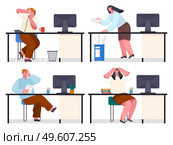 Chaos in office, confused office worker sitting at desk, paperwork, search mistake in document, talking at phone, holding head, failure deadline, unorganized stressing office workers, hurry up concept. Chaos in office, confused office worker sitting at desk, paperwork, search mistake in documents. Стоковая иллюстрация, агентство Ingram Publishing / Фотобанк Лори