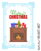 Antique fireplace with decorative ornaments and lattice vector in frame. Vintage heater with burning fire, home mantelpiece topped by Xmas tree and presents. Antique Fireplace Fir-Tree and Boxes on Top Isolated. Стоковая иллюстрация, агентство Ingram Publishing / Фотобанк Лори