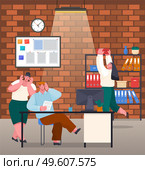 Unorganized office workers shocked from paperwork. Woman and man looking at document. People made mistake in work, report, document. Stressing woman taking archive box from shelves. Chaos in office. People made mistake in work, report, document, stressing woman taking archive box from shelves. Стоковая иллюстрация, агентство Ingram Publishing / Фотобанк Лори