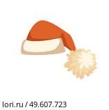 Santa Claus orange hat with big furry pompon in flat style isolated on white. Colorful Christmas part of winter costume and holiday decoration vector. Santa Orange Hat with Furry Pompon Vector Isolated. Стоковая иллюстрация, агентство Ingram Publishing / Фотобанк Лори
