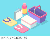 Set of cardboard boxes, shopping bags, things clothe blouses and liquid bottle. Shopping from the supermarket vector illustration. Packaged purchases, shopping cart from store on blue background. Set of cardboard boxes, shopping bags, clothes and liquid bottle. Shopping from the supermarket. Стоковая иллюстрация, агентство Ingram Publishing / Фотобанк Лори