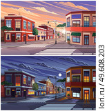 Street of town day and night time lighting, the historic urban area with trees and streetlight. Cityscape with vintage brick buildings, road with crosswalk and pedestrian walkway cartoon illustration. Street of town with day and night time lighting, the historic urban area with trees and streetlight. Стоковая иллюстрация, агентство Ingram Publishing / Фотобанк Лори
