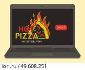 The fastest food service. Pizza with pepper on computer screen. Advertising of food delivery from a pizzeria vector illustration. Program for ordering pizza online. Laptop isolated on light background. The fastest food delivery service. Hot pizza order via the Internet. Program for ordering online. Стоковая иллюстрация, агентство Ingram Publishing / Фотобанк Лори