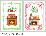 Mantelpiece with burning fire and logs in flame. Fireplaces made of stone and brick, topped by wrapped presents and gift boxes, vector Christmas decoration. Fireplace Made of Stone Topped by Wrapped Presents. Стоковая иллюстрация, агентство Ingram Publishing / Фотобанк Лори