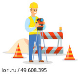 Geodesist engineer working with tachymeter on construction. Foreman or builder in helmet takes measurements, man standing near the barrage equipment and the road repair sign isolated on white. Geodesist engineer working with tachymeter on construction. Builder in helmet takes measurements. Стоковая иллюстрация, агентство Ingram Publishing / Фотобанк Лори