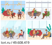 Set of pictures about psychotherapy sessions. Characters sit at the reception of a specialist. Diferent psychologists write down their patients problems on paper vector illustration flat design. Set of pictures about psychotherapy sessions. Characters sitting at the reception of a specialist. Стоковая иллюстрация, агентство Ingram Publishing / Фотобанк Лори