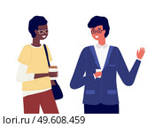 Young male characters are talking together. Positive communication of happy friends. People have a conversation. Men in glasses isolated on white background. Guys are drinking coffee and walking. People isolated on white background. Positive communication of happy friends. Guys drinking coffee. Стоковая иллюстрация, агентство Ingram Publishing / Фотобанк Лори