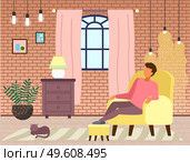 Man sitting in yellow armchair relaxing, put his feet on a special soft padded stool stand, comfort home pastime vector illustration. Repose at home in the evening after a hard day lying in a chair. Man sitting in yellow armchair relaxing. Repose at home in the evening after a hard day in a chair. Стоковая иллюстрация, агентство Ingram Publishing / Фотобанк Лори