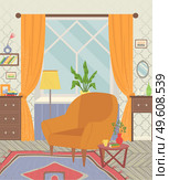 Living room furniture design, modern home interior elements. Contemporary furniture for classic living room. Comfortable armchair on carpet near the window, lamp and commode, bookshelf. Cozy apartment. Living room furniture design, modern home interior. comfortable armchair on carpet near the window. Стоковая иллюстрация, агентство Ingram Publishing / Фотобанк Лори