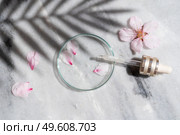 Retinol and almond oil serum beauty care, anti aging natural cosmetic, laboratory testing concept, shadow overlay. Retinol and almond oil serum oil beauty care. Стоковое фото, агентство Ingram Publishing / Фотобанк Лори