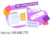 Contraception composition with editable text and images of periods calendar and various contraceptives with condoms pills vector illustration. Contraception Methods Flat Composition. Стоковая иллюстрация, агентство Ingram Publishing / Фотобанк Лори