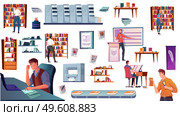 Flat icons set with publishing house equipment shelves with books book shop writer customer isolated vector illustration. Publishing House Flat Icons Set. Стоковая иллюстрация, агентство Ingram Publishing / Фотобанк Лори