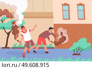 Smoke bomb hooligan flat composition with backstreet scenery and two teenage characters lighting up fire flare vector illustration. Smoke Bomb Hooligans Composition. Стоковая иллюстрация, агентство Ingram Publishing / Фотобанк Лори