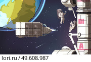 Space mission background with astronauts in spacesuits flying in no gravity outer cosmos near international station vector illustration. Space Mission Background. Стоковая иллюстрация, агентство Ingram Publishing / Фотобанк Лори
