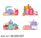 Tea time flat 4x1 set of isolated compositions with teapots cups snacks and doodle human characters vector illustration. Tea Ceremony Compositions Set. Стоковая иллюстрация, агентство Ingram Publishing / Фотобанк Лори