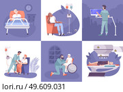 Oncology diagnostic tests cancer radiotherapy chemotherapy treatment nursing postoperative care concept 6 flat background compositions vector illustration. Oncology Flat Concept. Стоковая иллюстрация, агентство Ingram Publishing / Фотобанк Лори